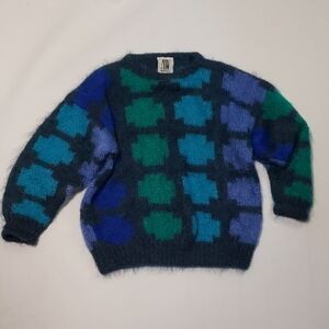 VINTAGE Andy Welch Mohair Blend Sweater Blue Green Checkerboard Art Knit L
